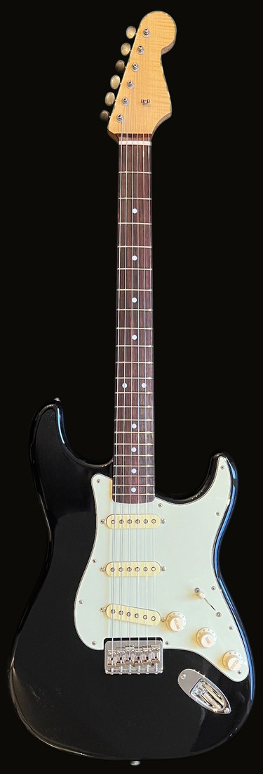 S-style in Black Gloss, mint pickguard, flame maple neck — front