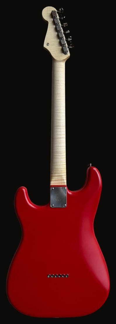 S-style in 1965 Fiesta Red satin — back, flamed maple neck, chrome neck plate