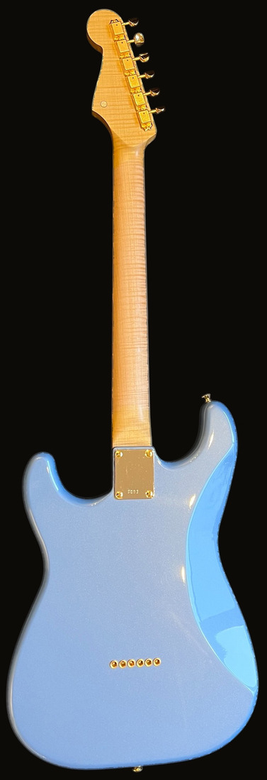 S-style in Pelham Blue — back, gold neck plate, serial 0003