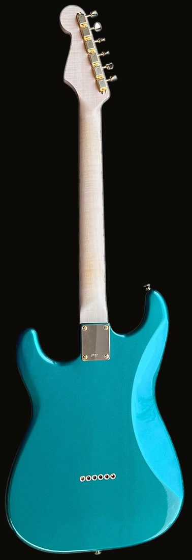 S-style in Sherwood Green — back, flame maple neck, gold neck plate