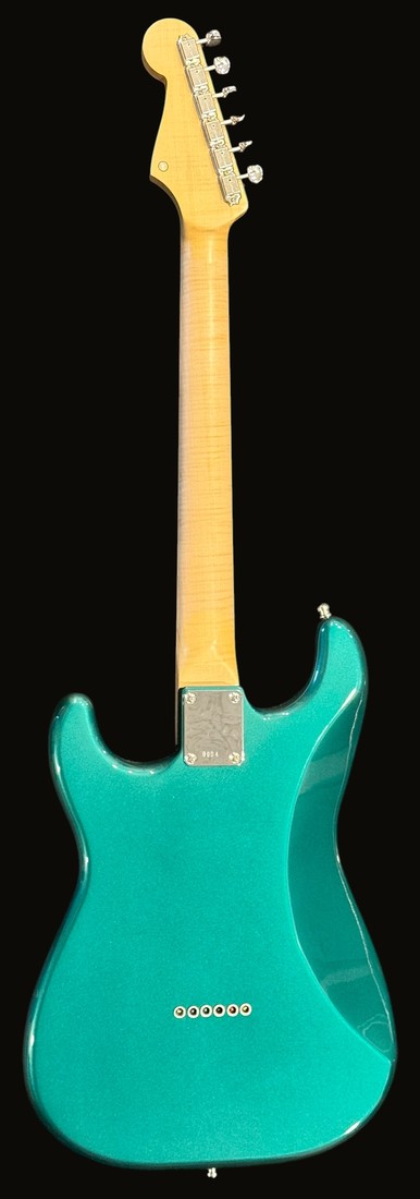 S-style in 1961 Sherwood Green, nickel hardware — back, flame maple neck